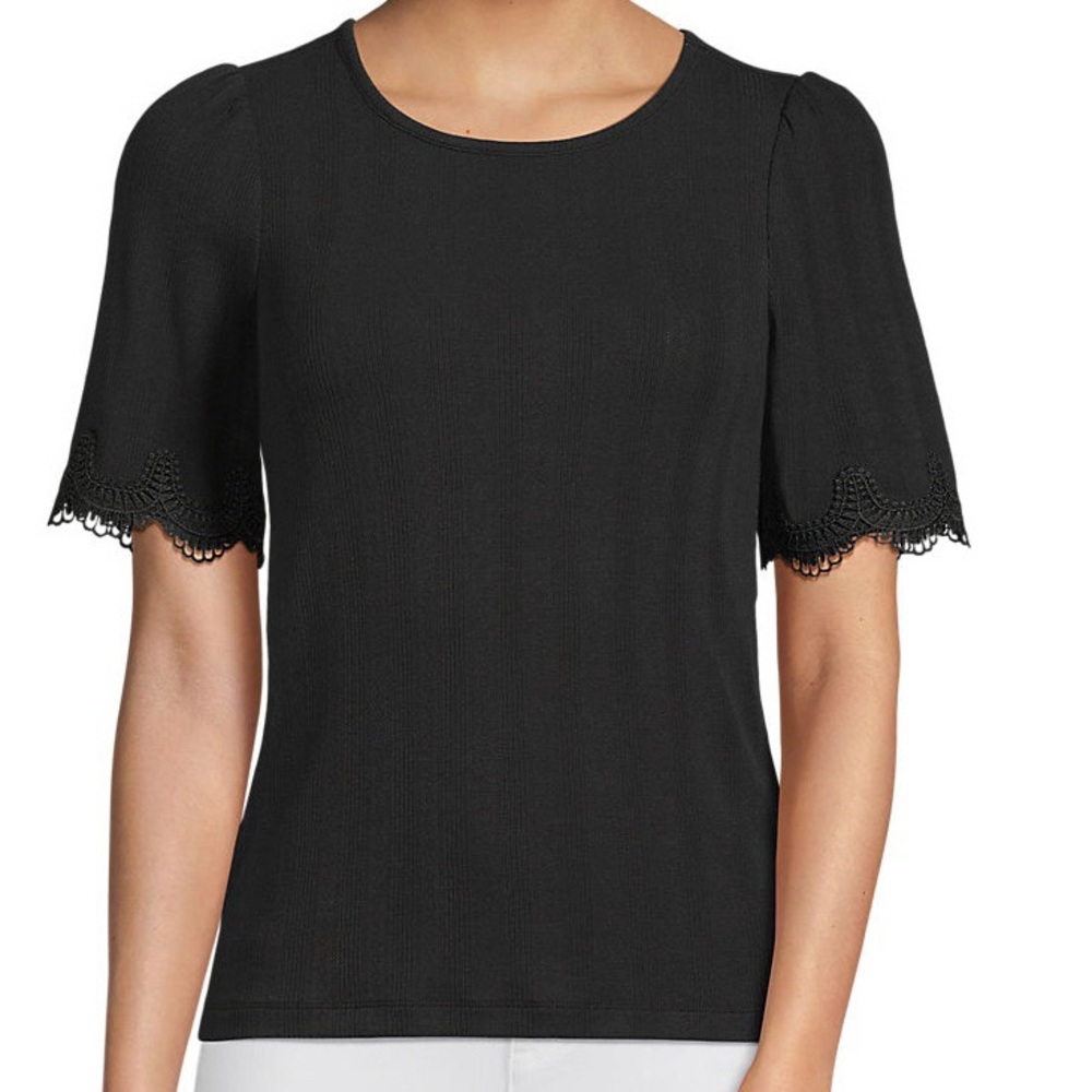 Lands'‎ End Women's Black Pointelle Top with Lace Trimmed Sleeves Size 1X New